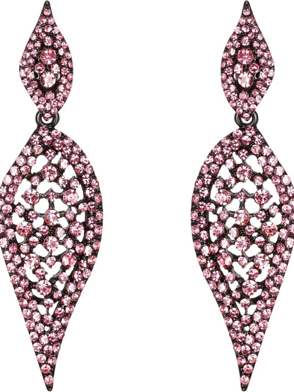 Sparkly Art Deco Chandelier Earrings, Pink & Black Clip-on Dangle, Leaf Design